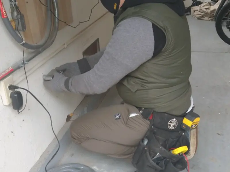 Electrician performing outlet wiring in a Carmel Valley Village garage